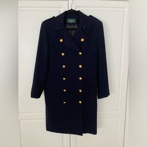 Ralph Lauren Dark Blue Trench Coat with Gold Buttons; vintage classic perfection